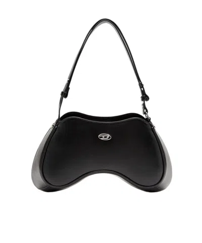 Diesel Play-semi Gloss Leather Shoulder Bag In Black