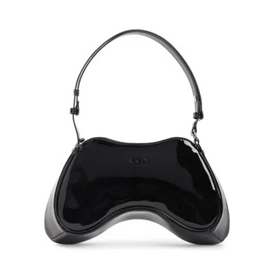 Diesel Play Patent-leather Curved Shoulder Bag In Black