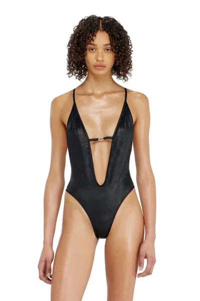 Diesel Plunge-neck Swimsuit In Shimmery Fabric In Black