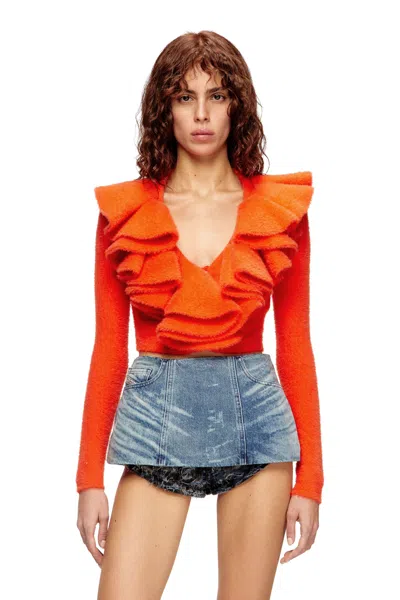 Diesel Plush Cardigan With Mega Ruffled Collar In Orange