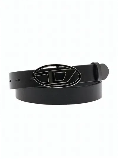 Diesel Polished Oval Buckle Leather Belt In Black