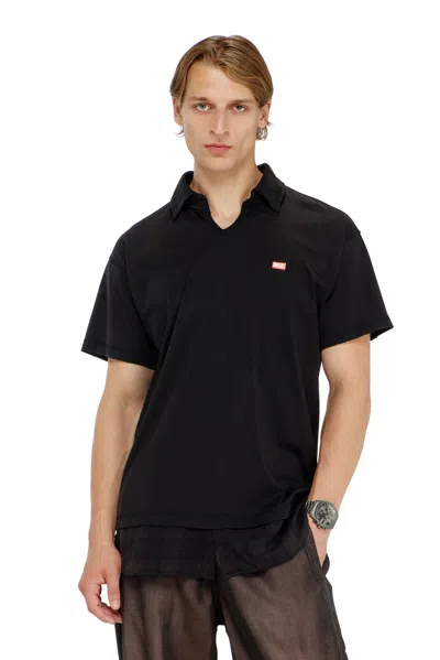 Diesel Jersey Polo Shirt With Check Flannel Trims In Black