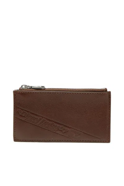 Diesel Leather Card Holder With Zip Closure In Brown