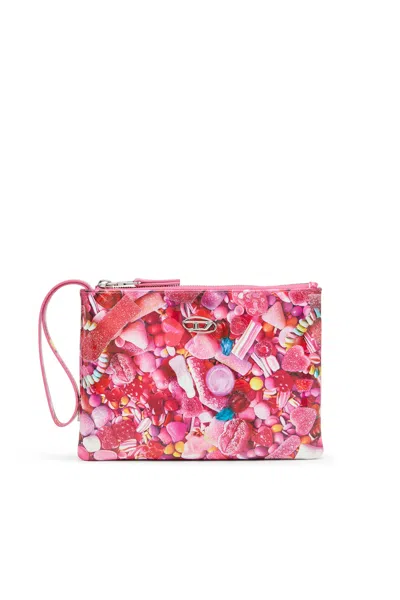 Diesel Pouch In Printed Glossy Pu In Pink