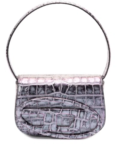 Diesel Print Effect Handbag With Foldable Handle And Adjustable Strap In Purple