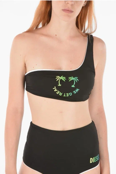 Diesel Printed We Get Real One-shoulder Bikini Top In Black