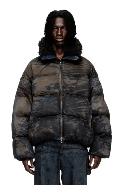 Diesel Puffer Jacket In Dirt-effect Camo Denim In Multi