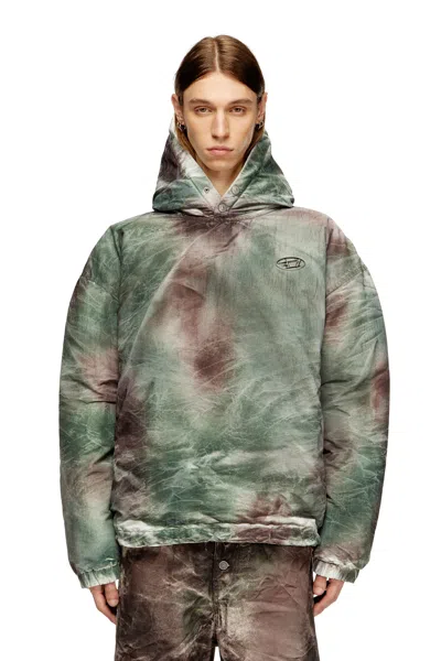 Diesel Puffy Hooded Jacket In Camo Nylon In Green
