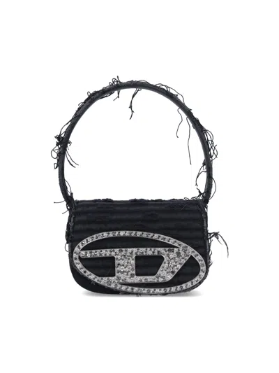 Diesel Quilted Black Cotton Shoulder Bag With Fringe And Rhinestone Details