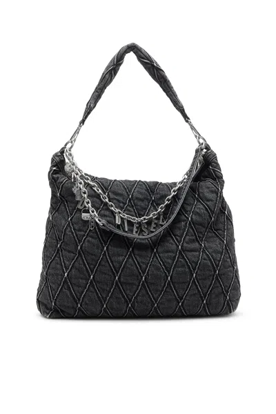 Diesel Quilted-denim Hobo Bag With Chain Charms In Black