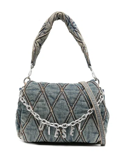 Diesel Quilted Mini Handbag With Chain Handle & Zip Closure In Blu