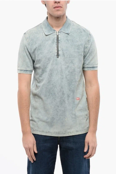Diesel Red Tag Acid Wash Effect T-smith-zip Polo Shirt With Half Zi In Blue