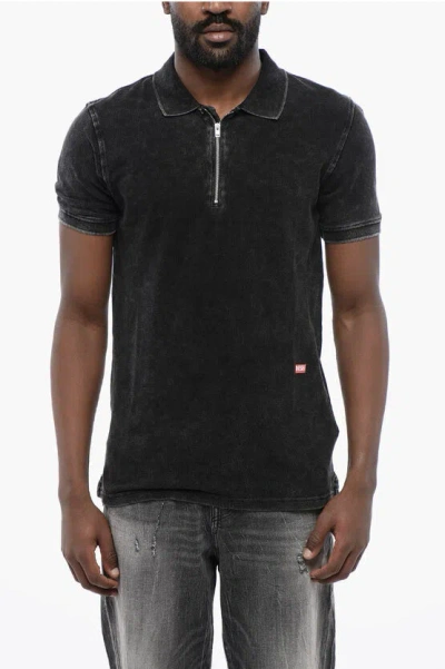 Diesel Red Tag Acid Wash Effect T-smith-zip Polo Shirt With Half Zi