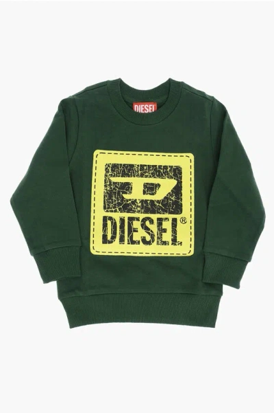 Diesel Red Tag Brushed Cotton Sbudy Crew-neck Sweatshirt With Crack In Green