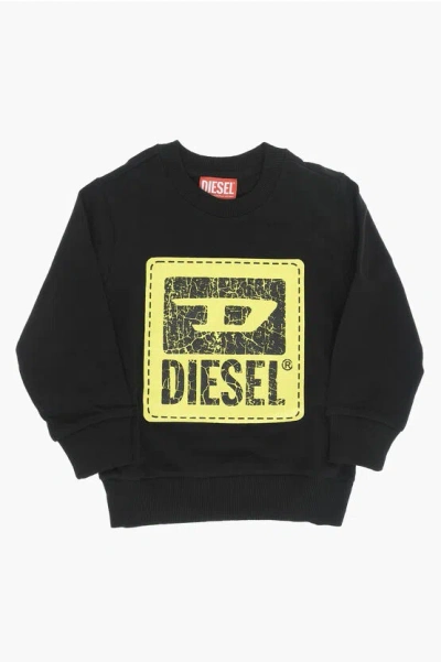 Diesel Red Tag Brushed Cotton Sbudy Crew-neck Sweatshirt With Crack In Black