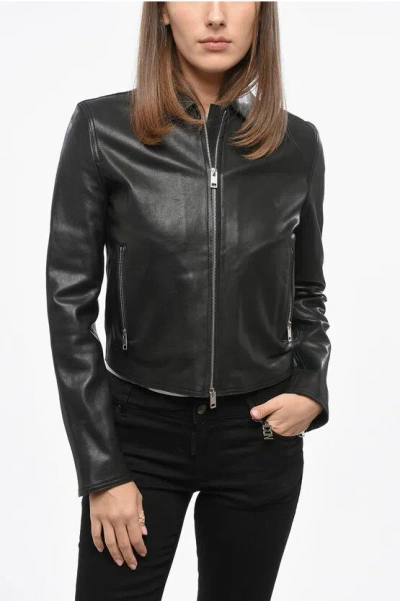 Diesel Red Tag Cropped Leather L-totem Jacket With Knit Details In Black