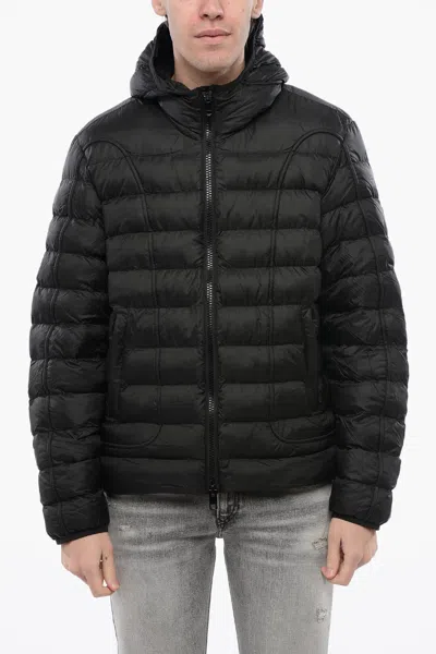 Diesel W-stone Hooded Techno Fabric Down Jacket In Black