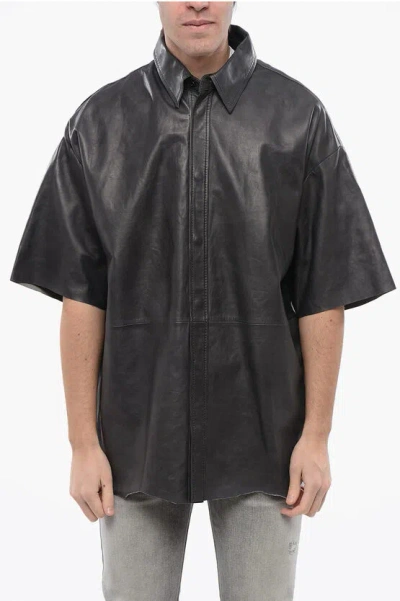 Diesel Red Tag Short Sleeves Leather S-emin-lth Overshirt With Snap In Black