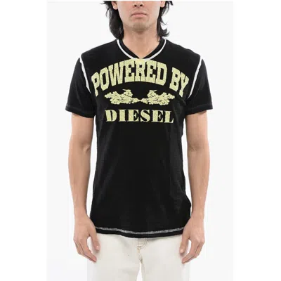 Diesel Red Tag Slub Cotton T-diegor-v-raw T-shirt With Cracked Effe In Black