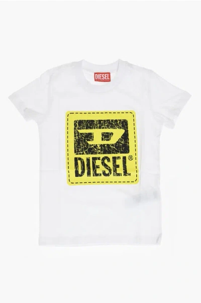 Diesel Red Tag Solid Color Tbudy Crew-neck T-shirt With Crackled Lo In White
