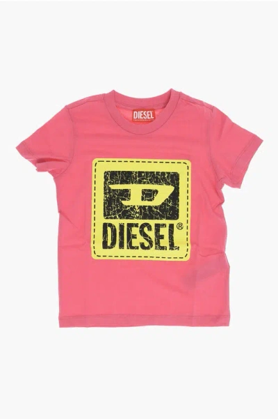 Diesel Red Tag Solid Color Tbudy Crew-neck T-shirt With Crackled Lo In Pink