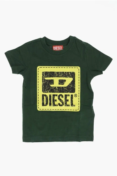 Diesel Red Tag Solid Color Tbudy Crew-neck T-shirt With Crackled Lo In Green
