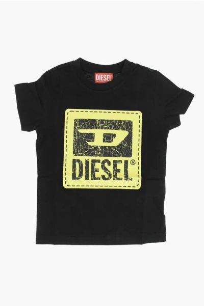 Diesel Red Tag Solid Color Tbudy Crew-neck T-shirt With Crackled Lo In Black