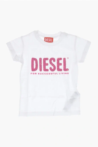 Diesel Red Tag Solid Color Tfancy Crew-neck T-shirt With Sequined L In White