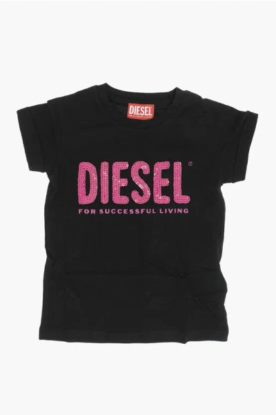 Diesel Red Tag Solid Color Tfancy Crew-neck T-shirt With Sequined L In Black