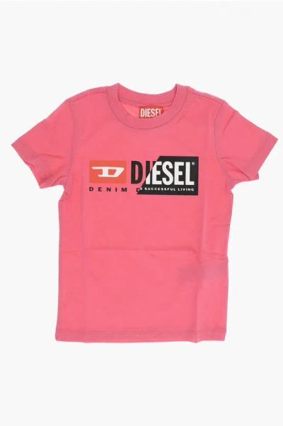 Diesel Red Tag Solid Color Tmagi Crew-neck T-shirt With Printed Log In Pink