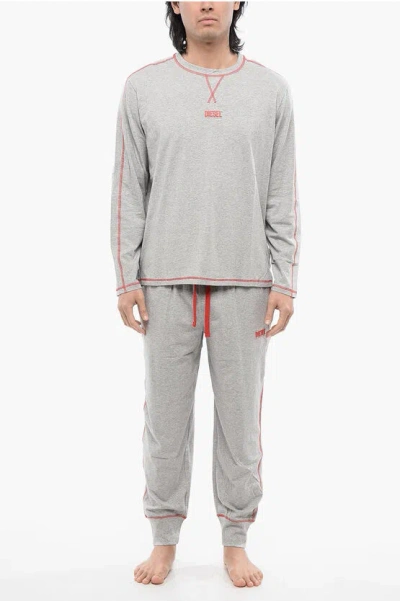 Diesel Red Tag Stretch Cotton Umset-willong Long Pyjamas Set With V In Gray