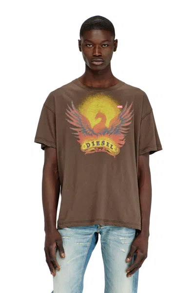 Diesel Regular T-shirt With Phoenix Print In Brown