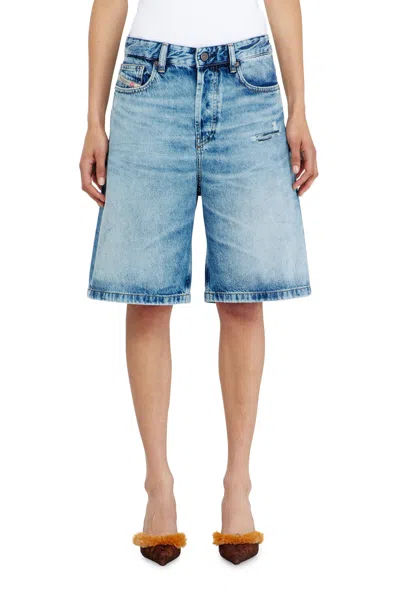 Diesel Relaxed Shorts In Fluid Denim With Abrasions In Blue