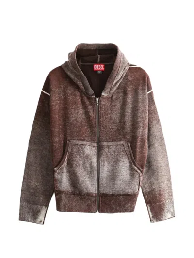 Diesel Reverse-print Hooded Cardigan In Wool In Brown