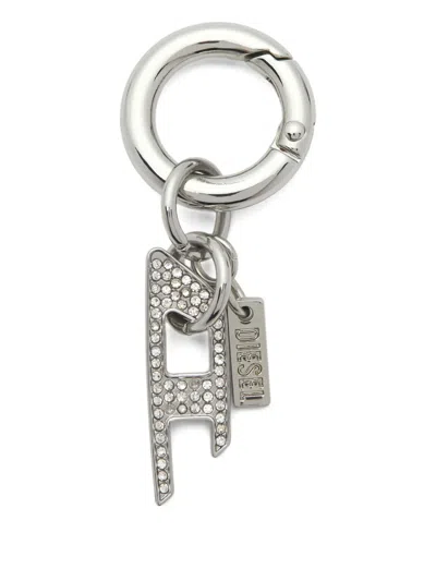 Diesel Rhinestone Charm-d Keyring In Silver