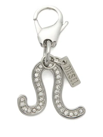 Diesel Rhinestone Charm Keyring In Silver
