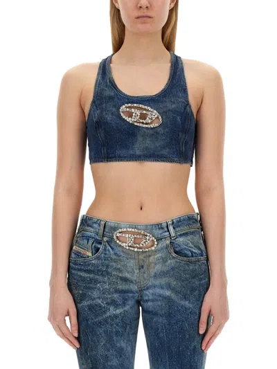 Diesel Rhinestone-embellished Racerback Cropped Tank Top In Blue