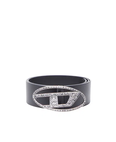 Diesel Rhinestone-logo Leather Belt In Black