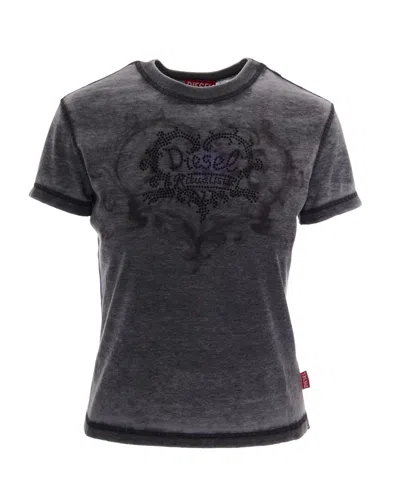 Diesel Rhinestone-embellished Burnout T-shirt In Gray