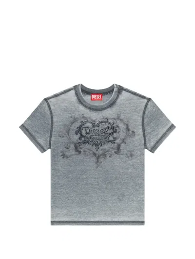 Diesel Jersey T-shirt With Rhinestones And Burnout Effect In Gray