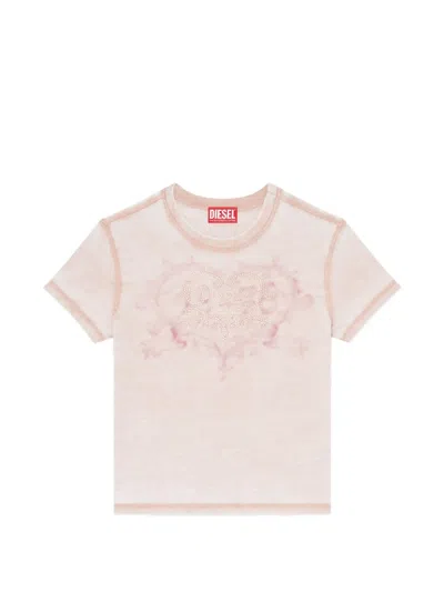 Diesel Jersey T-shirt With Rhinestones And Burnout Effect In Pink
