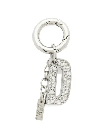 Diesel Rhinestone-embellished D-pendant Keyring In Silver