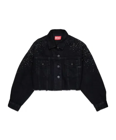 Diesel Kids' Rhinestone-embellished Raw-cut Denim Jacket In Black