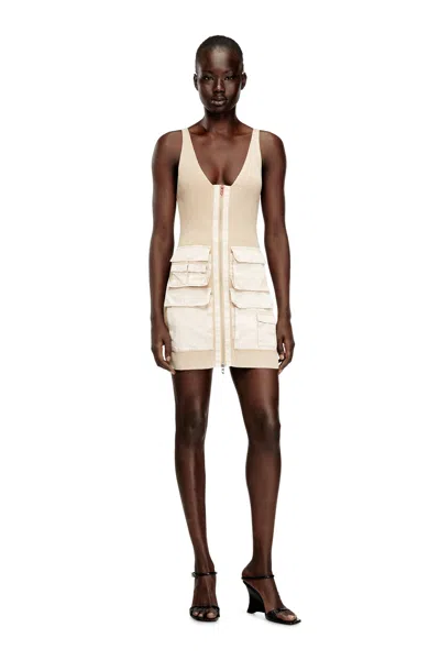 Diesel Rib-knit Short Dress With Cargo Pockets In Neutral
