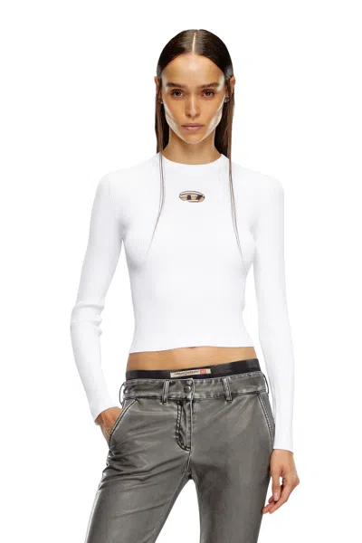 Diesel Rib-knit Viscose-blend Top With Oval D In White