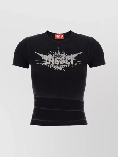Diesel Ribbed Crew Neck Graphic Print T-shirt In Black