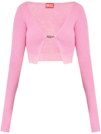 Diesel Ribbed Cropped Sweater With Iconic Closure Detail In Purple