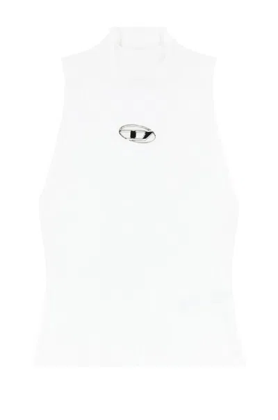 Diesel Ribbed High Neck Sleeveless Top In White