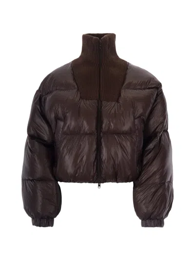 Diesel Ribbed Knit Funnel Neck Puffer Jacket With Two-way Zipper In Brown