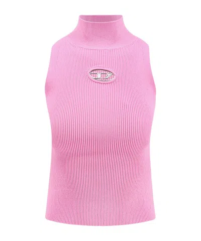 Diesel Ribbed-knit High-neck Top In Pink